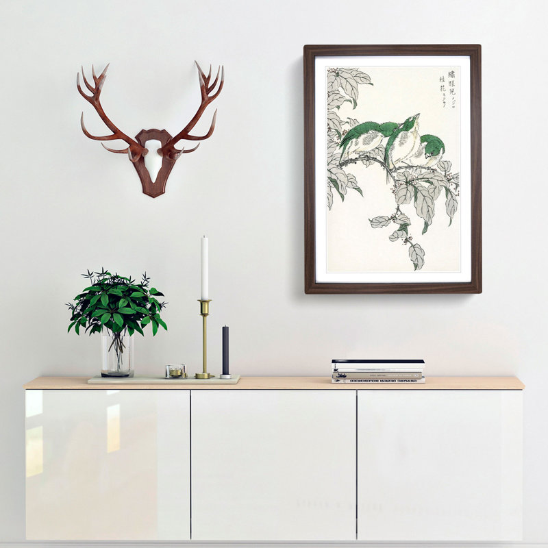 Three Warbling White-Eye Birds by Numata Kashu - Picture Frame Painting Print, 76cm H x 50cm W x 2cm D, Walnut