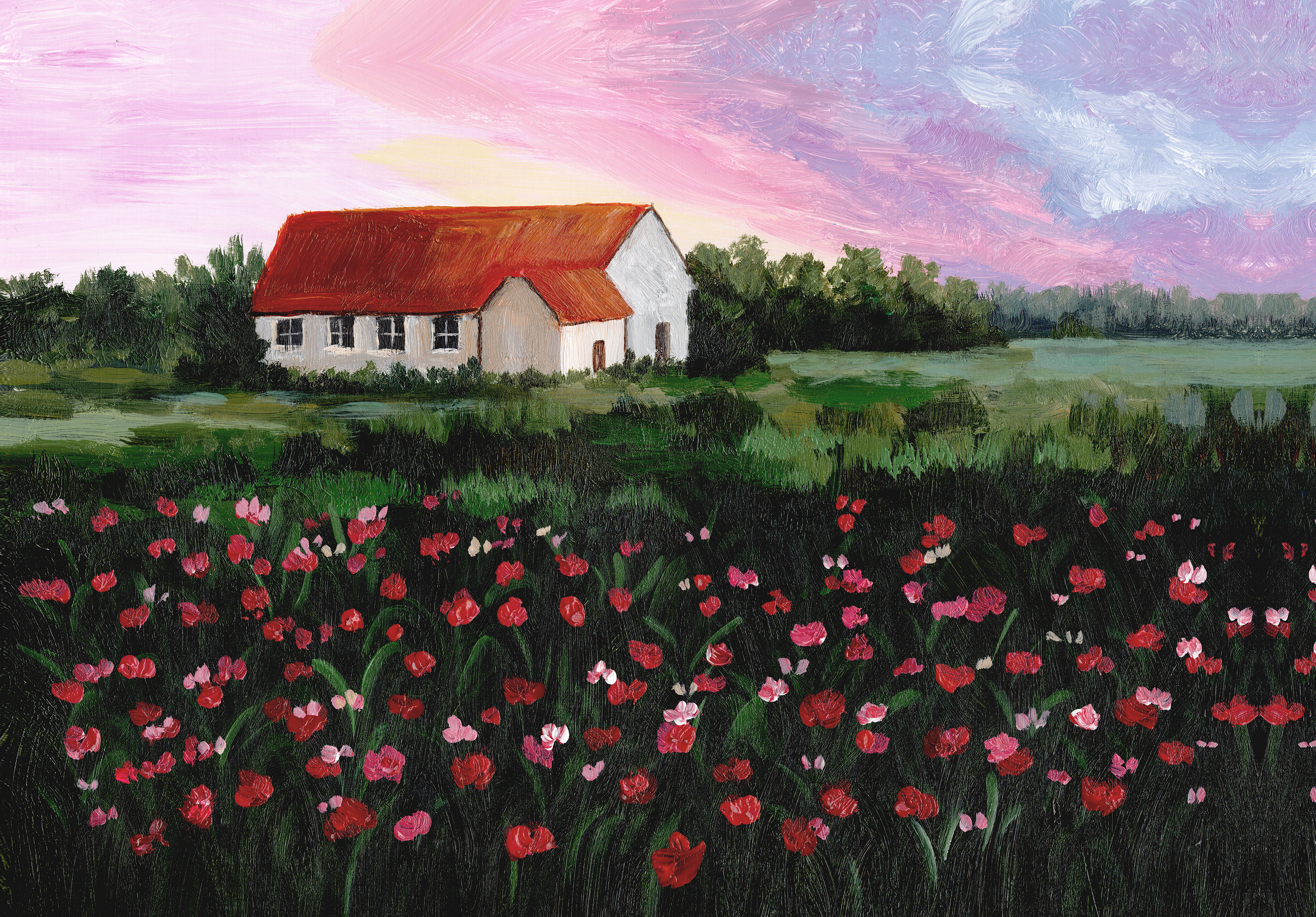 Landscape Painting: Acrylic Mini Canvas Art of a Pink Floral Sunset