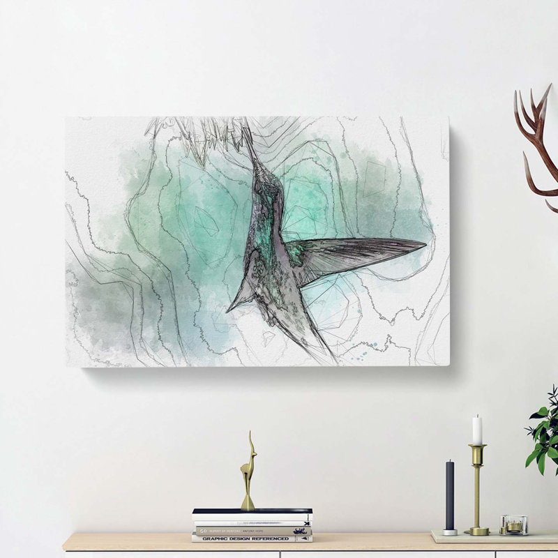 Green Hummingbird in Abstract - Wrapped Canvas Drawing - Wrapped Canvas, 50cm H x 76cm W x 3cm D