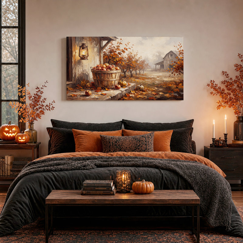 «Bushel Basket of Red Apples and Pumpkins», art mural sur toile, L 46 po x H 24 po
