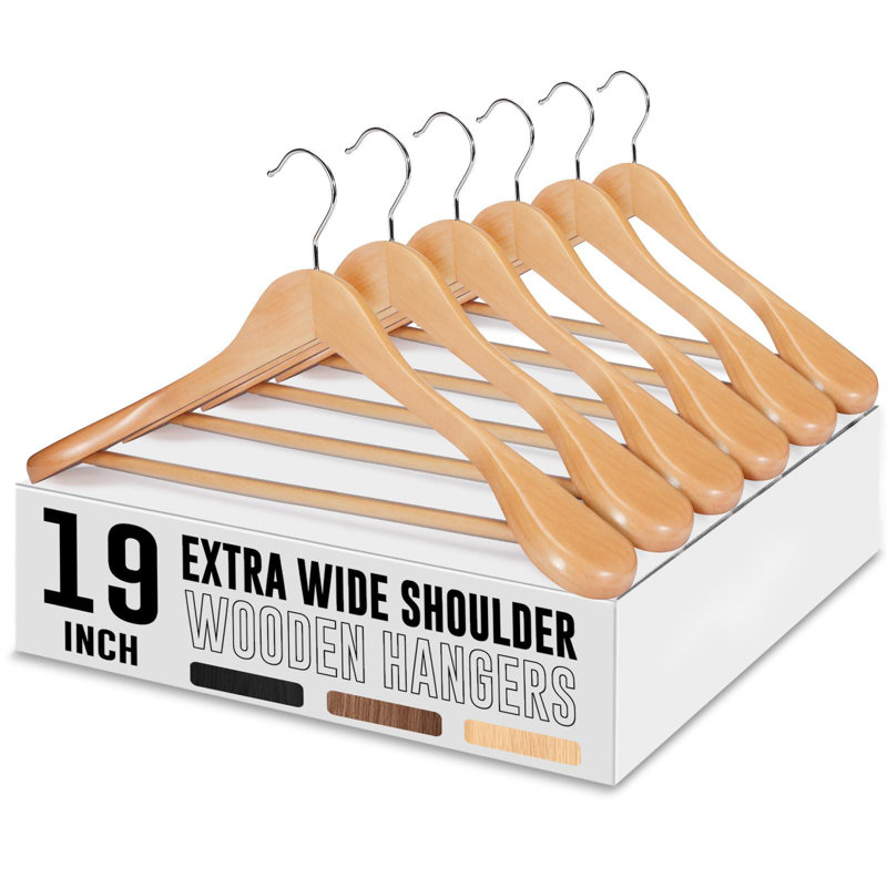 Natural Solid Wood Extra Wide Shoulder Suit Hangers, 19 Inch, 6 Pack