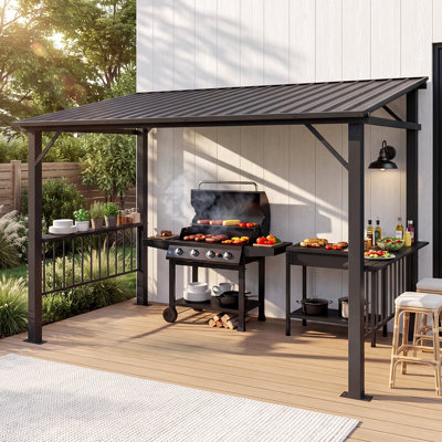 Gazebo de jardin rigide de 3,65 m x 1,80 m avec étagères latérales, noir, résistant aux intempéries, avec crochets, structure métallique permanente pour patio, jardin ou terrasse.