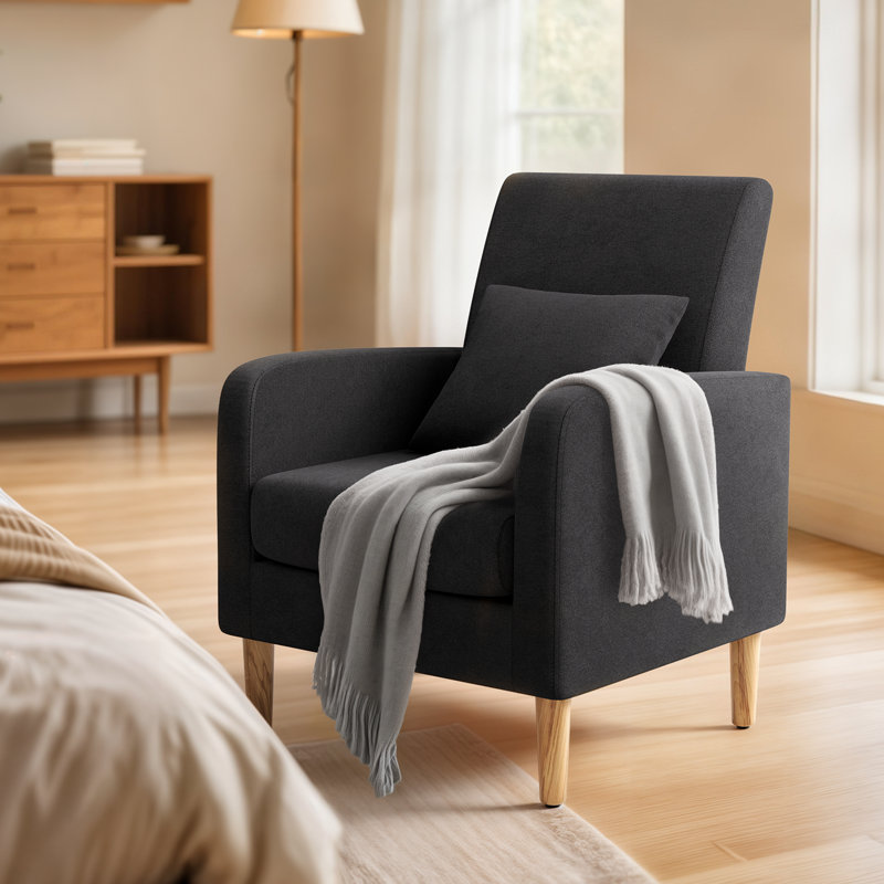 Upholstered Accent Chair Armchair with Pillow Cushion, Reading Side Chair Single Sofa with Wood Legs, Black