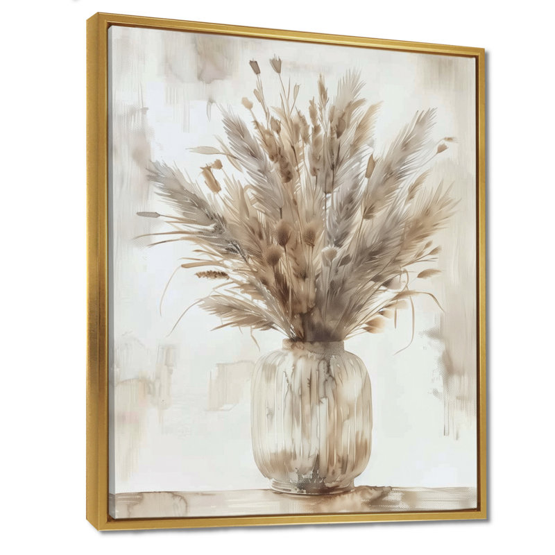 Beige blanc Boho Plant Chic I - Boho Feather Wall Art Living Room, H 12 po x l 20 po, Cadre flottant doré