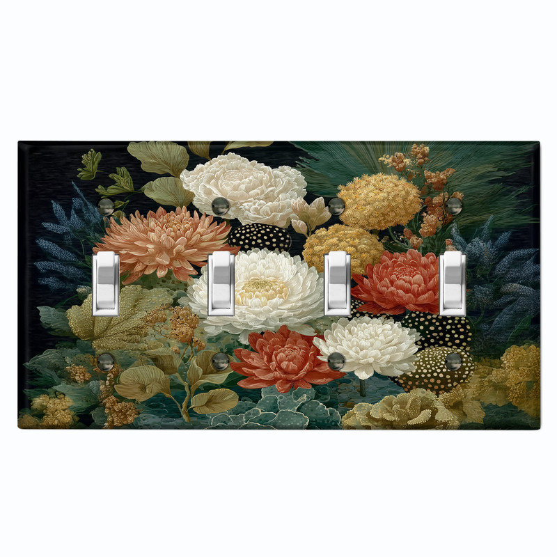 Couvercle de plaque d'interrupteur en métal; Bascule à 4 bandes US standard - Fleurs élégantes, # 4 Quad bascule