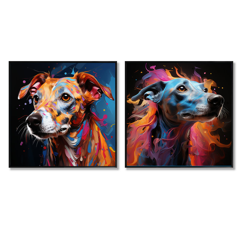 Ensemble de 2 animaux Playfull Dog Whippet Popart - animaux, Cadre flottant noir, H 16 po x l 33 po