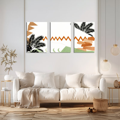 Feuilles de palmier tropicales et formes géométriques, art mural, reproduction abstraite moderne (ensemble de 3)