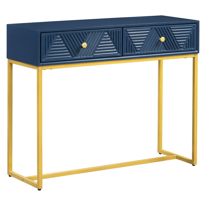 Modern console table with two storage drawers & stripe design, sleek entryway sofa table for living room & hallway, navy
