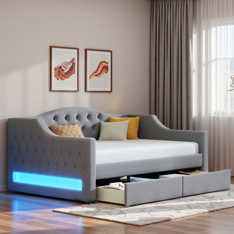 Modern Upholstered Daybed With Led Belt And Trundle, Gray