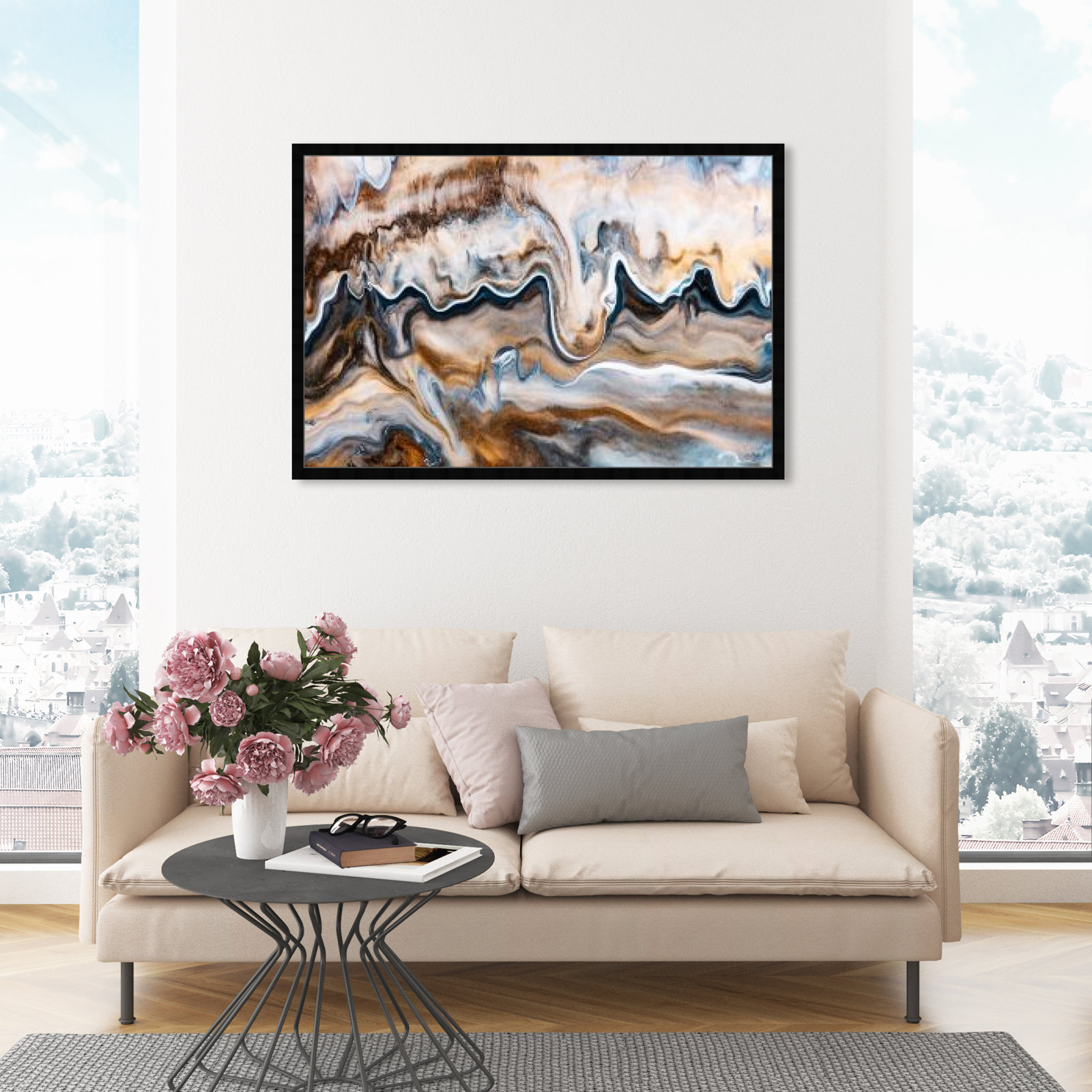 Copper and Blues Painting by Oliver Gal, 32" H x 47" W x 0.5" D, Black
