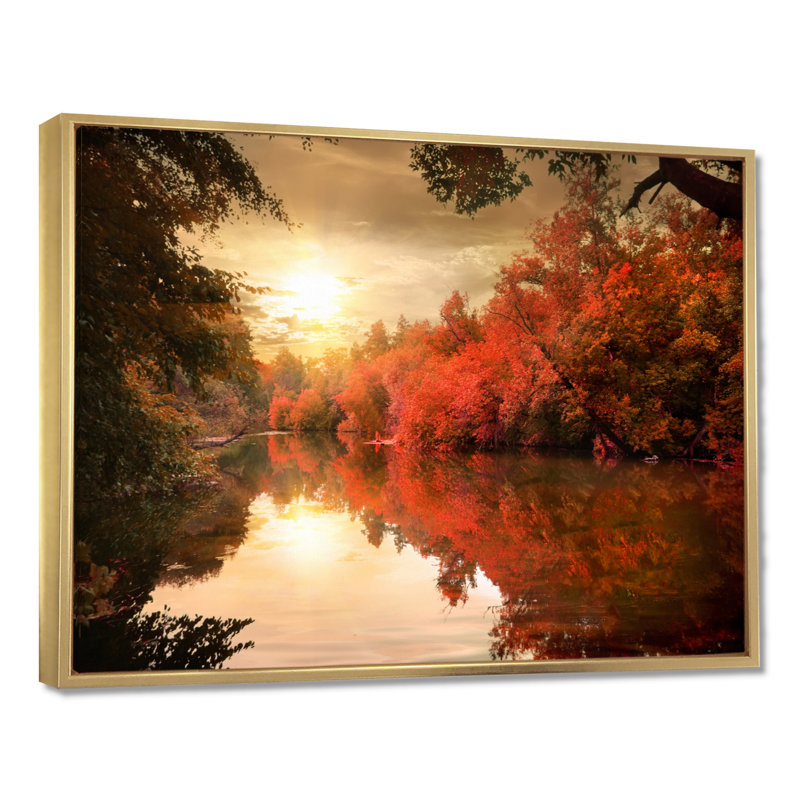 Paysage, coucher de soleil sur une rivière, photographie sur toile, H 12 po x l 20 po, Cadre flottant, Doré