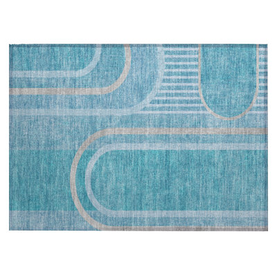 2' X 3' Teal Abstract Washable Indoor Outdoor Area Rug