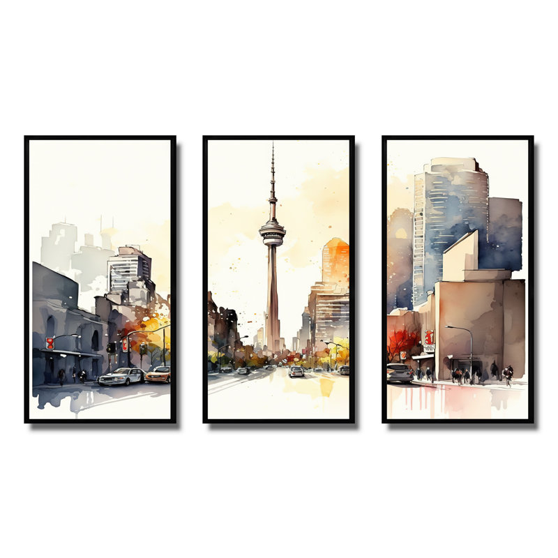 Toronto Skyline VIII - 3 pièces sur toile, Cadre noir, H 28 po x l 36 po x P 1 po