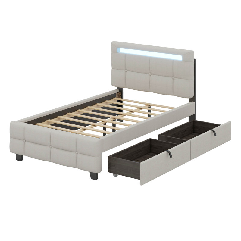 Twin Size Upholstered Platform Bed With LED Frame And 2 Drawers, Beige