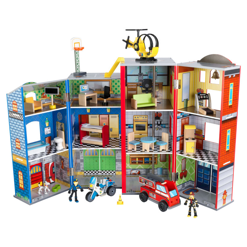 Ensemble de jeu en bois Everyday Heroes, 3 étages avec 26 accessoires, pliable pour le rangement