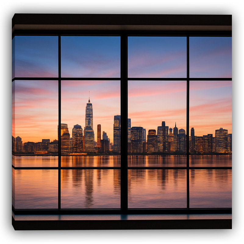 Cityscape Glow - vue de la fenêtre encadrée de l'horizon de New York au coucher du soleil, H 20 po x l 20 po