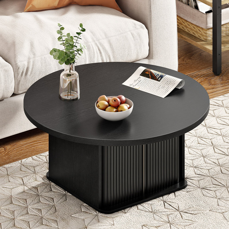 31.5" Modern Round Coffee Table with 360° Curved Sliding Door,Fluted Round Coffee Tables,Round Coffee Table with Storage