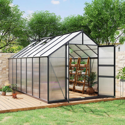 Polycarbonate Walk-In Greenhouse for Outside with Aluminum Frame, Lockable Door & Adjustable Roof Vent for Backyard Garden Patio, 8x14 FT