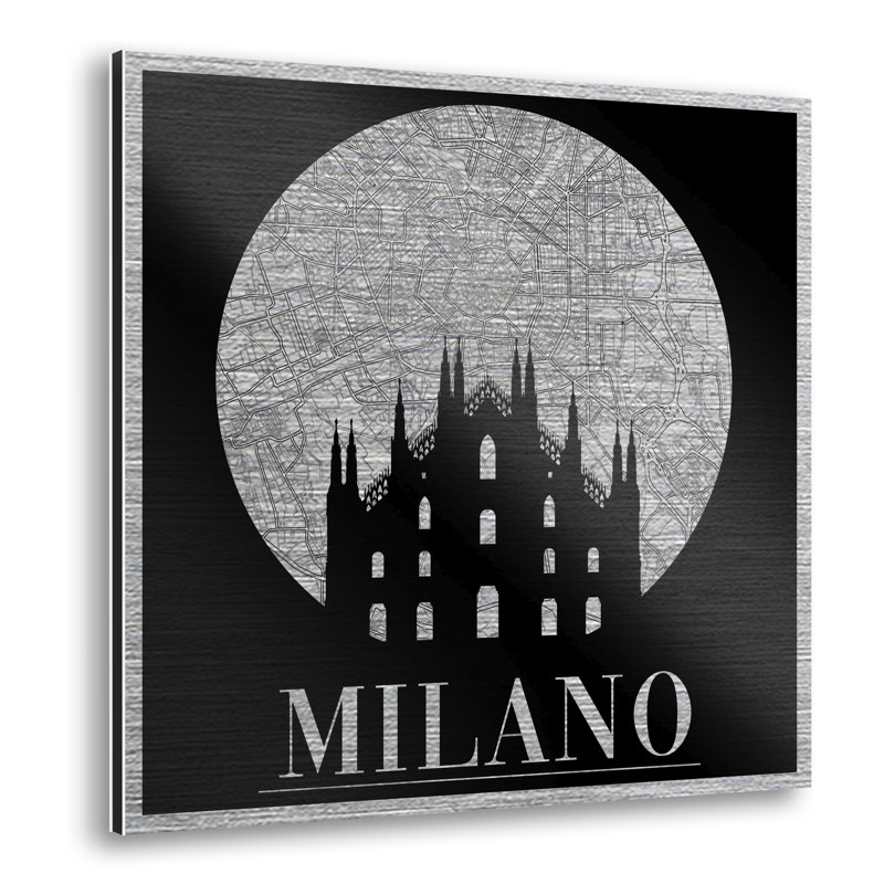 Large Milano Map - Print on Metal, 29cm H x 29cm W, Grey Framed