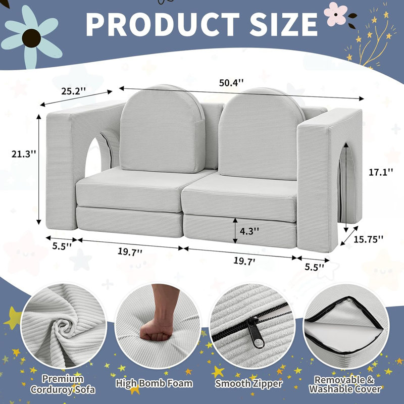 Kids and Toddler Play Couch, Convertible Folding Sofa, Modular Kids Couch for Playroom, Light Gray