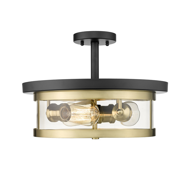 3-Light Flush Mount With Glass Shade, Black/Gold