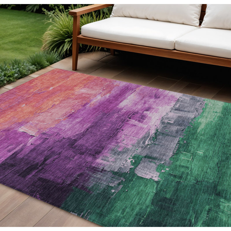 Tapis extérieur lavable abstrait mauve et vert 9 pi x 12 pi mauve