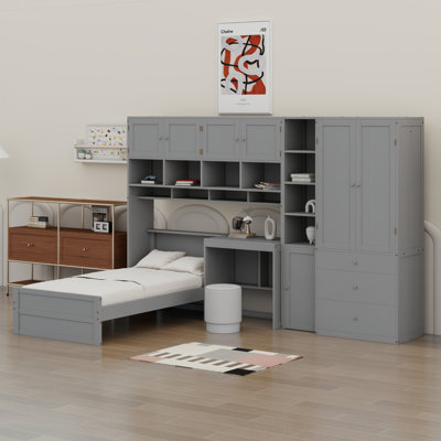 Lit plateforme tout-en-un avec bureau intégré, armoire, armoires et tiroirs de rangement