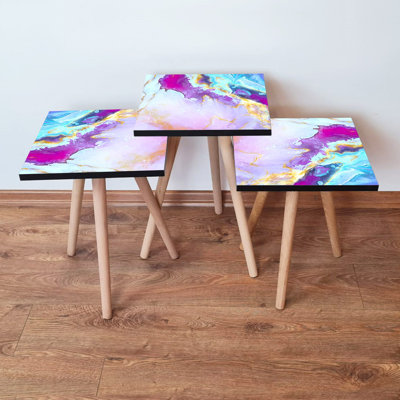 Ensemble de 3 tables gigognes élégantes en marbre abstrait, 1,4 x 1,4 x 1,4 pi | 100% panneau de fibres à densité moyenne avec pieds en bois de hêtre | Grande table: 13,8 x 20,5 x 13,8 po, moyenne: 13,8 x 18,5 x 13,8 po, petite: 13,8 x 16,5 x 13,8 po | Parfait pour le salon et la décoration moderne