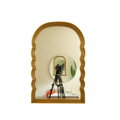 24'' Lumina Mirror, Golden Scalloped Sides Retro-Style Arched PU Decorative Mirror, Three Color Temperatures Are Available, Suitable For Bathroom, Bedroom, Living Room, Corridor, Entryway, Etc.