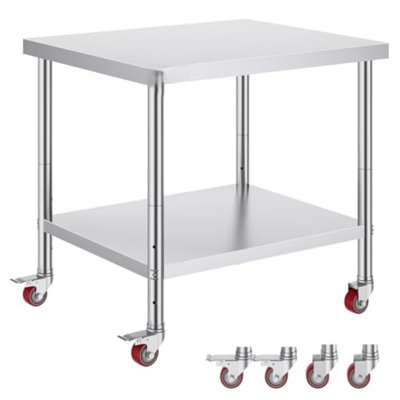 30x36x34 Inch Stainless Steel Work Table 3-Stage Adjustable Shelf with 4 Wheels Heavy Duty Commercial Food Prep Worktable with Brake for Kitchen Prep Work