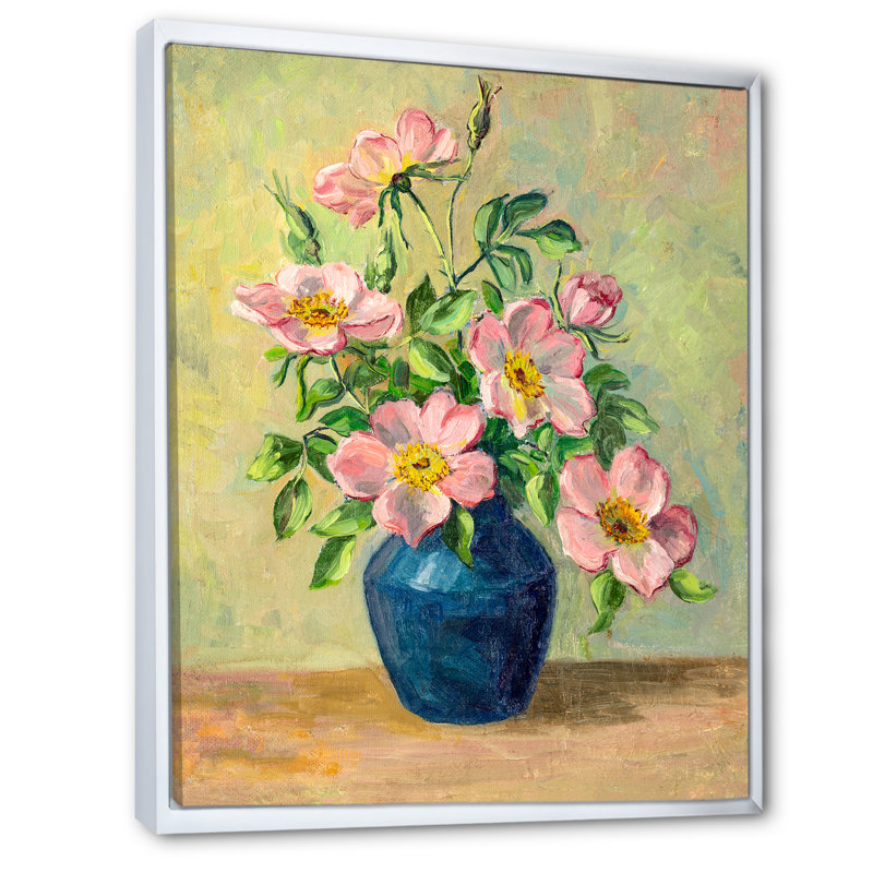 Fleurs roses dans un vase bleu - Peinture sur toile encadrée, H 40 po x l 30 po x P 1,5 po, Toile à cadre flottant blanc