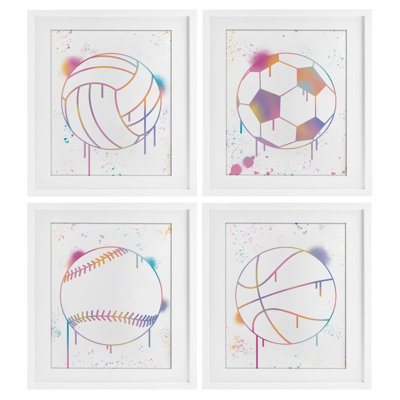 Modern Graffiti Sports Balls 4pc Framed Print Under Glass Set, design by Marcus Prime