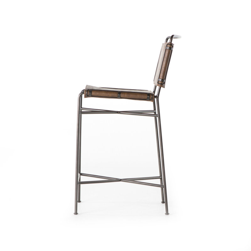 Kenza Counter Stool, Dark Bronze, Distressed Brown Faux Leather, Counter Stool (26.5" Seat Height)