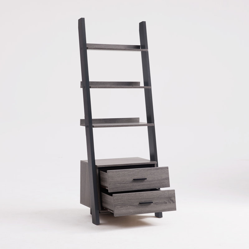 Modern Ladder Bookcase with Drawers, Multi-depth Shelves & Stable Design
