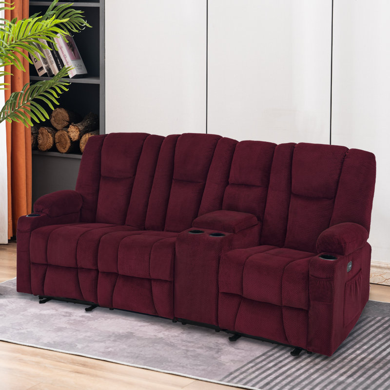 Power Reclining Sofa with Heat and Massage, USB Ports, Cup Holders, 3-Seat Dual Recliner Sofa, Burgundy Polyester Blend