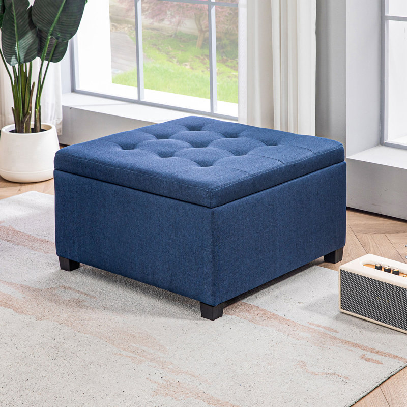 Repose-pieds de rangement capitonné en tissu avec couvercle de siège rabattable, charnière en métal et structure stable en bois d'eucalyptus pour le salon, l'entrée ou la chambre à coucher, bleu