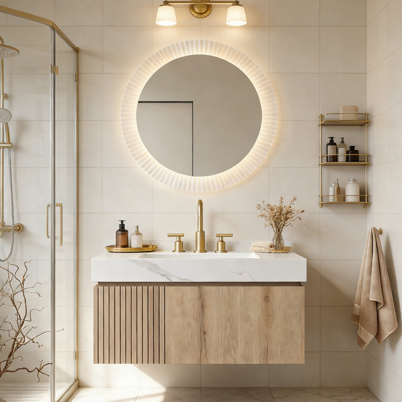 Meuble-lavabo flottant avec espace de rangement multifonctionnel et 3 trous de robinet pré-percés, Chêne blanc, 36"