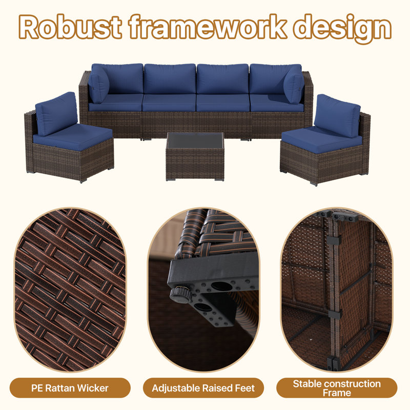 7-Piece 6-Person Symmetrical Outdoor Seating Group, Blue, Brown