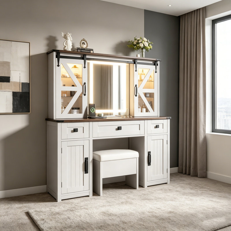 Vanity Desk with LED Mirror, RGB Light Cabinets, 3 Drawers, Storage Shelves, and Stool for Modern Bedrooms, Black