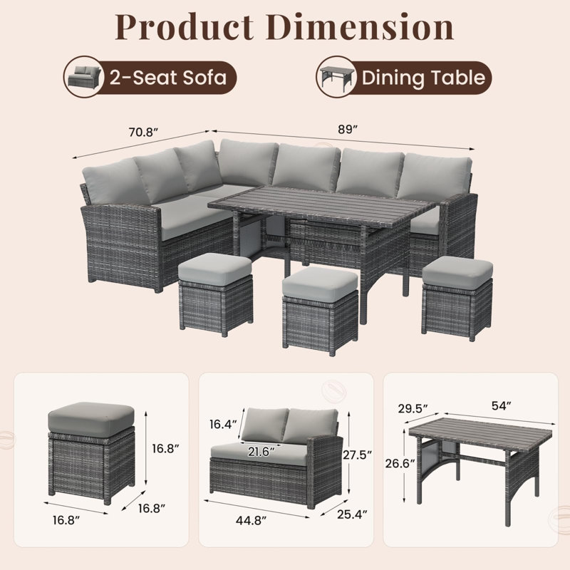 7 Pieces Patio Furniture Set With 43" Fire Pit Table, Gray Cushion/Gray Frame