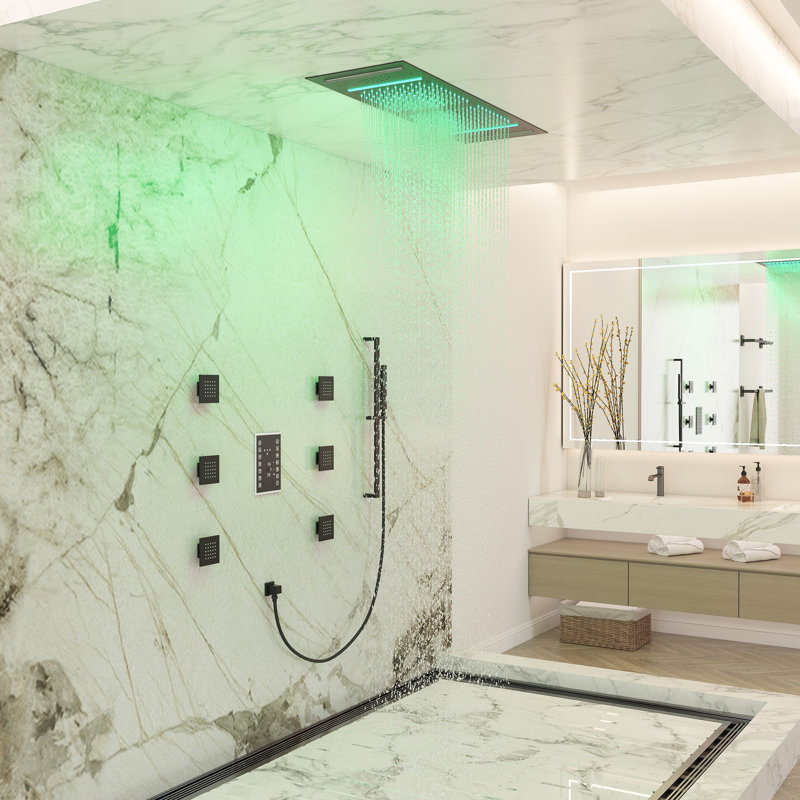 35”L x 12”W Flush-Mount LED Bluetooth Music Rainfall Shower System with Smart Touch Screen Display, Matte Black