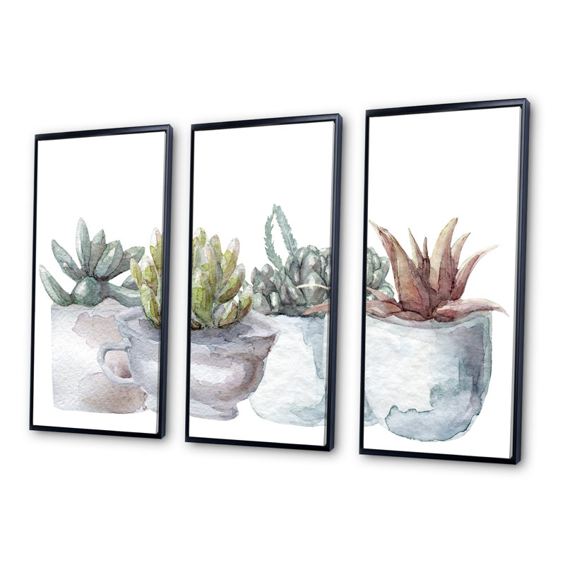 «Cactus and Succulent House Plants IV», peinture sur toile flottante 3 pièces, L 36 po x H 28 po, Cadre noir