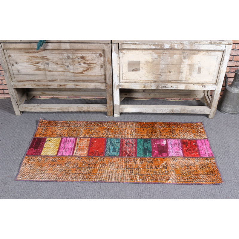 Small Vintage Patchwork Oushak Rug in Orange Overdyed for Entry Handmade Colorful Ethnic Floor Decorative