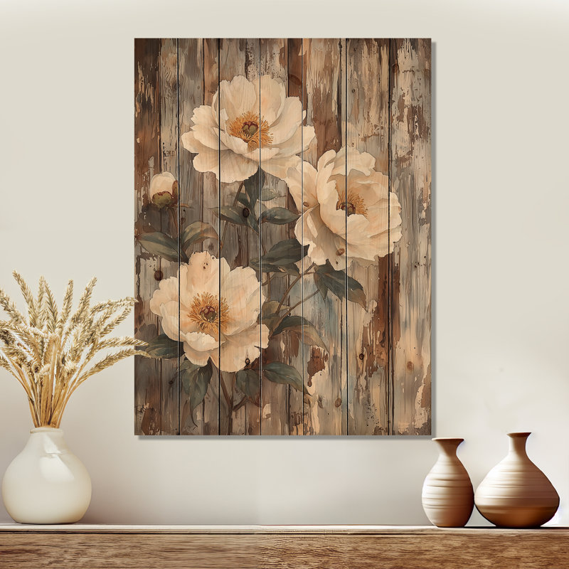 Peonies By The Barn Door III - Peonies Wood Wall Art - On Natural Pine Wood, 44" H x 34" W x 0.78" D
