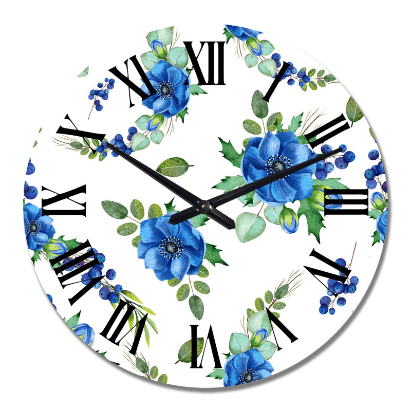 Horloge murale à motif anémones bleues et feuilles vertes sur fond blanc, Moyen