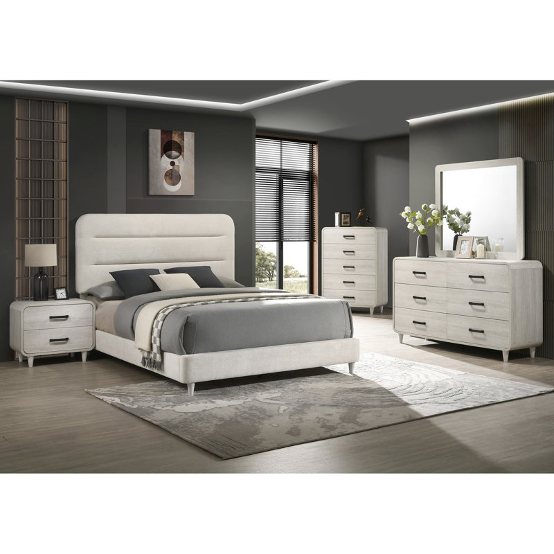 Grand lit, revêtu de blanc antique, lignes épurées contemporaines, palette neutre, pour chambre à coucher, pièce simple, structure en bois, sommier requis, style d'assemblage facile, 1 pièce seulement,