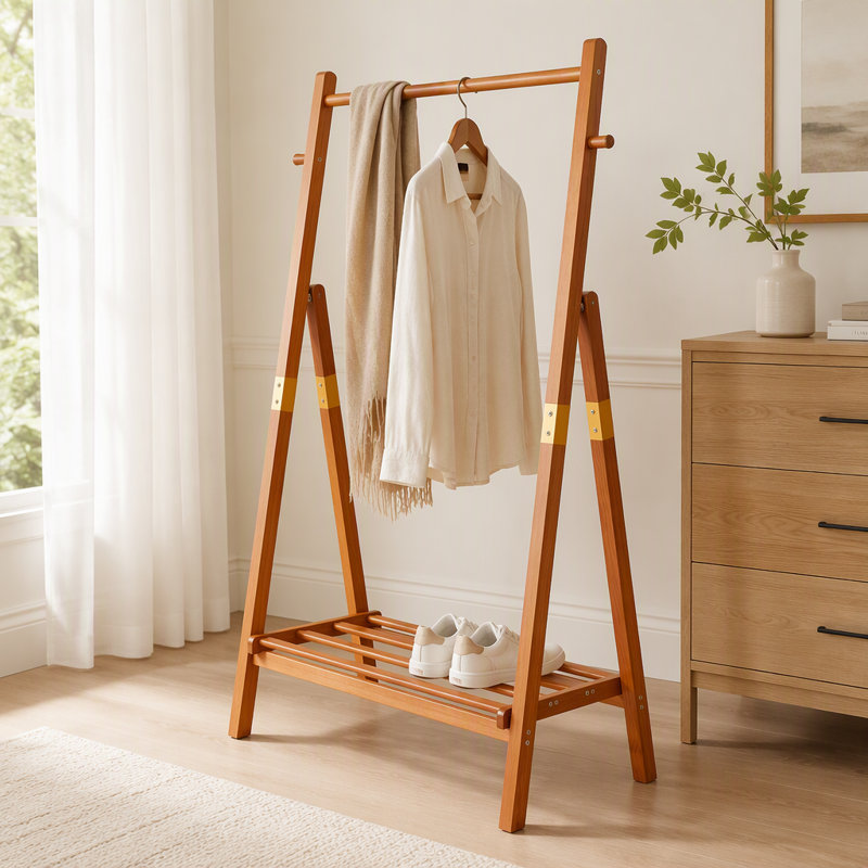 Portant à vêtements robuste en bois de pin massif avec support inférieur en forme de A 31,95 x 17,77 x 62,45 po avec tablette inférieure et crochets latéraux pour la chambre à coucher et le couloir