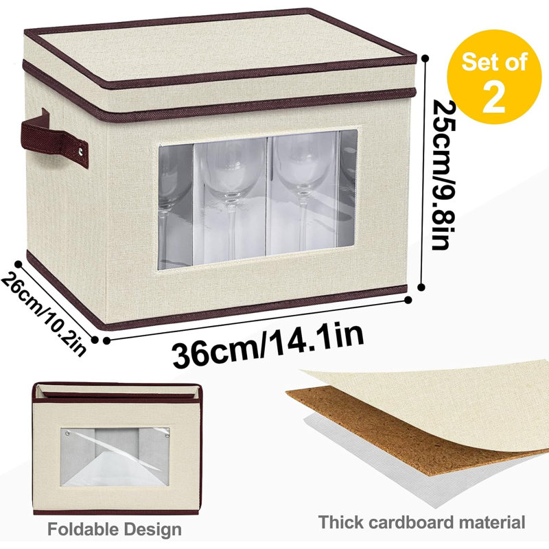 2 Pack Wine Glass Storage Box with Dividers, Stemware Storage Case Organizer