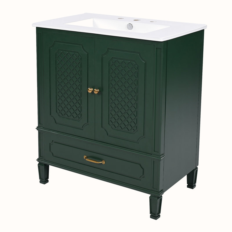 Meuble-lavabo avec lavabo et armoire avec tiroirs, Vert, Doré