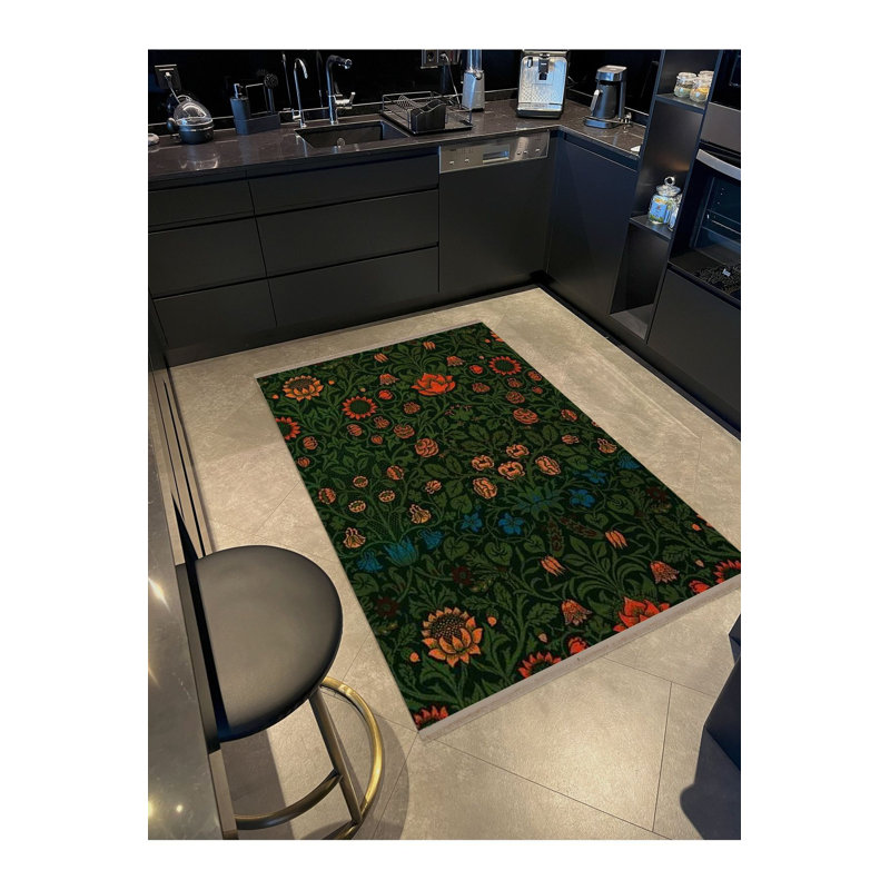 Tapis lavable à la machine à motif floral orange foncé et lierre vert foncé, Tapis de couloir 2 pi 6 po x 6 pi 7 po inclus